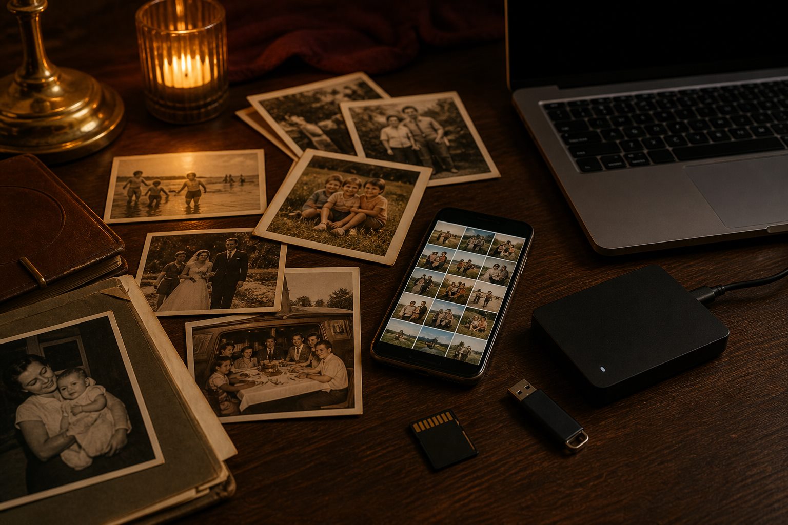 Fotografii de familie alături de un telefon, laptop și dispozitive de stocare